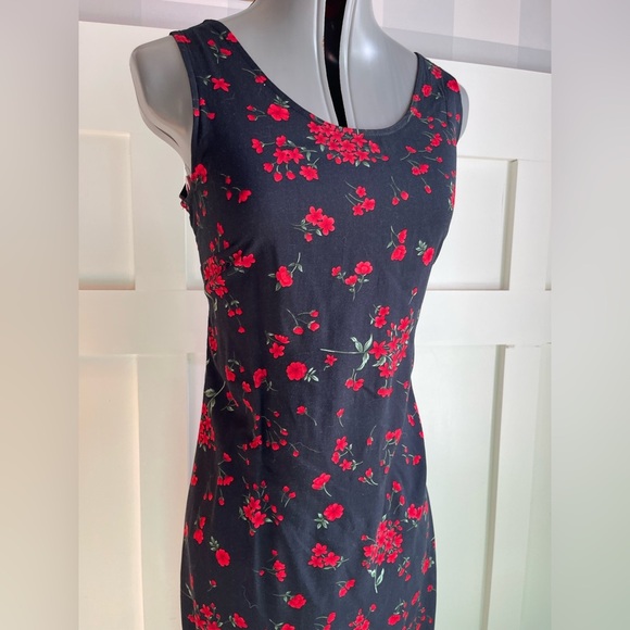 Vintage Floral Sleeveless Black and Red Dress Size 8 - Picture 4 of 6